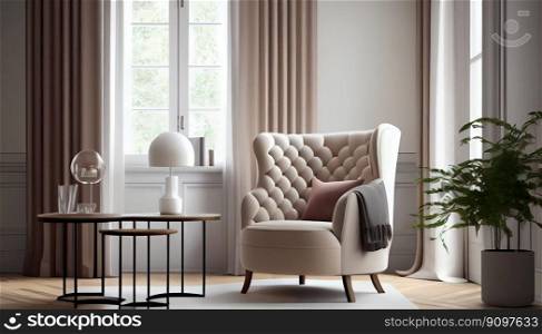 Modern interior design armchair sofa in living room with near windows and mock up poster frame in wall at home, Neutral living room, empty nobody, 3D render by Generative AI