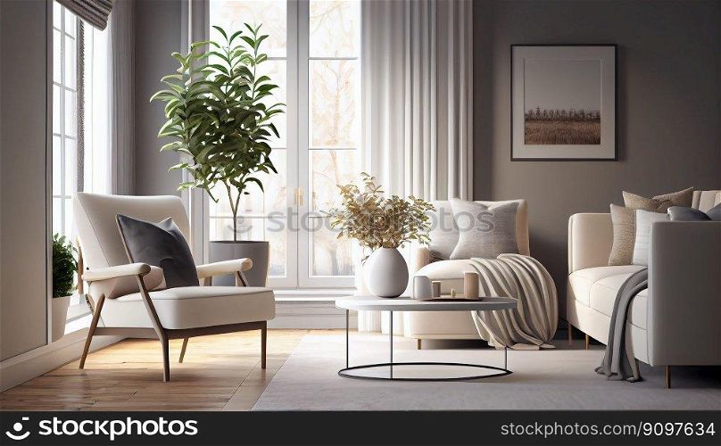 Modern interior design armchair sofa in living room with near windows and mock up poster frame in wall at home, Neutral living room, empty nobody, 3D render by Generative AI