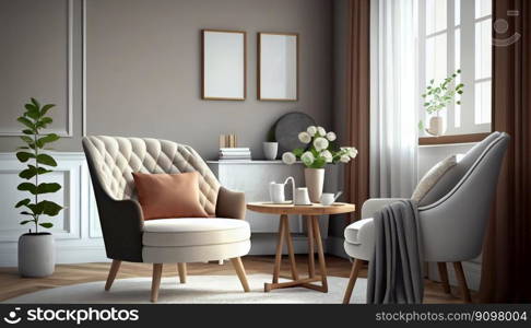 Modern interior design armchair sofa in living room with near windows and mock up poster frame in wall at home, Neutral living room, empty nobody, 3D render by Generative AI