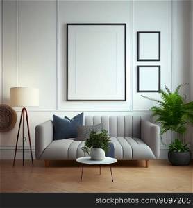 Modern interior design cozy with armchair sofa in living room with and mock up poster frame in white wall at home, lifestyle living room design, empty nobody, 3D render illustration by Generative AI