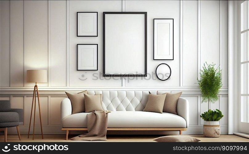 Modern interior design cozy with armchair sofa in living room with and mock up poster frame in white wall at home, lifestyle living room design, empty nobody, 3D render illustration by Generative AI