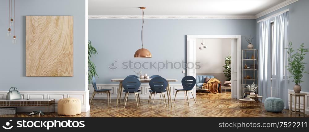 Modern interior design of apartment, dining room with table and chairs, living room with sofa, hall, panorama 3d rendering