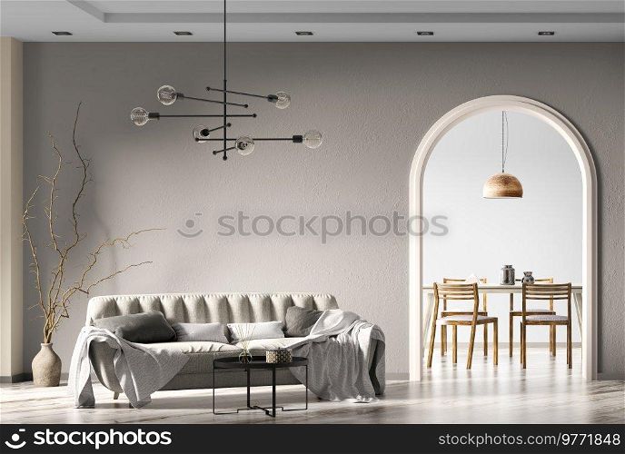 Modern interior design of apartment, living room with beige sofa, gray plaster stucco wall with arched door, home cozy design 3d rendering