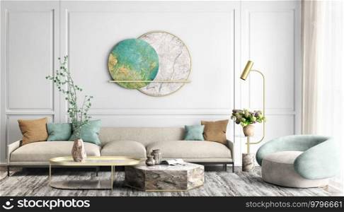 Modern interior design of apartment, living room with beige sofa, marble coffee tables and armchair, big window, 3d rendering