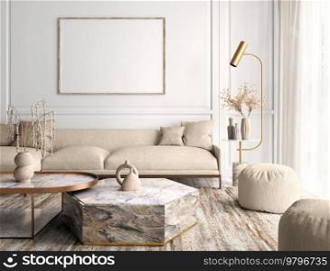 Modern interior design of apartment, living room with beige sofa, marble coffee tables. Empty poster on the wall. 3d rendering