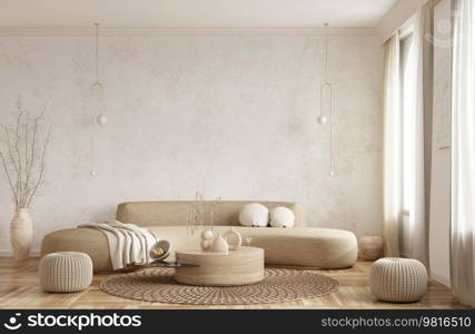 Modern interior design of apartment, living room with beige sofa over the light stucco wall. Home interior. 3d rendering