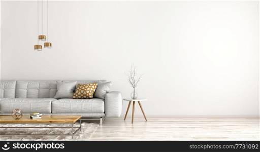 Modern interior design of apartment, living room with grey sofa, and coffee table against white wall 3d rendering