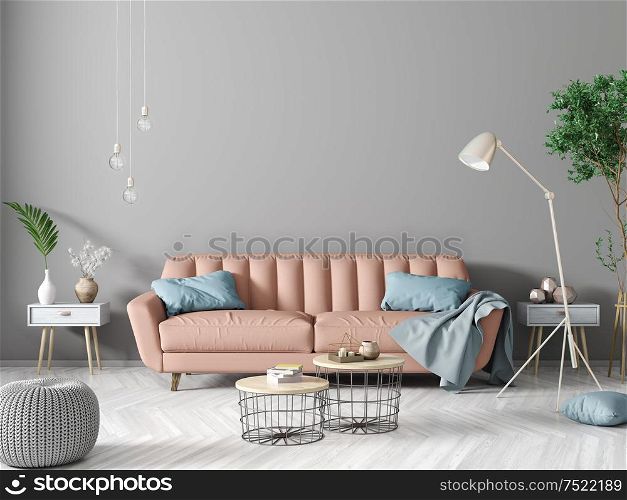 Modern interior design of apartment, living room with peach sofa, coffee tables, chests, floor lamp and green tree against gray wall 3d rendering