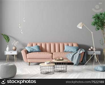 Modern interior design of apartment, living room with peach sofa, coffee tables, chests, floor lamp and green tree against gray wall 3d rendering
