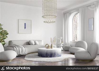 Modern interior design of apartment, living room with white sofa, round armchairs. Accent coffee table and chandelier. Home interior with furry rug. 3d rendering