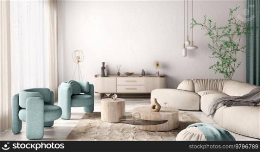 Modern interior design of cozy apartment, living room with beige sofa, turquoise armchairs. Room with window. Home design.3d rendering