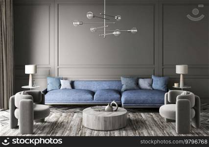 Modern interior design of cozy apartment, living room with blue sofa, gray armchairs. Room with black wall. Contemporary home design. 3d rendering