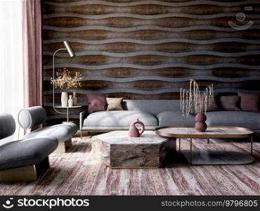 Modern interior design of cozy apartment, living room with gray sofa, armchairs. Room with stone paneling wall and window with curtain, marble coffee tables. 3d rendering