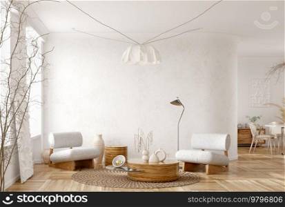 Modern interior design of cozy apartment, living room with white armchairs, dining room with chairs and table. Home design. 3d rendering