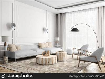 Modern interior design of cozy apartment, living room with white sofa, armchairs. Room with white paneling wall and big window with curtain, wooden coffee tables. 3d rendering