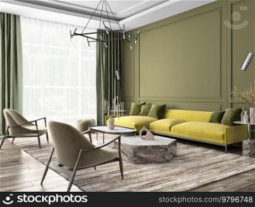 Modern interior design of cozy apartment, living room with yellow sofa, beige armchairs. Room with green wall and big window. 3d rendering