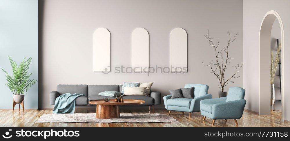 Modern interior design of cozy apartment with beige wall, arch door, living room with gray sofa and blue armchairs. Home design. Panorama 3d rendering