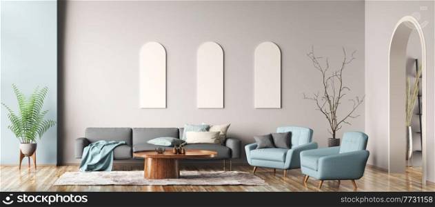Modern interior design of cozy apartment with beige wall, arch door, living room with gray sofa and blue armchairs. Home design. Panorama 3d rendering