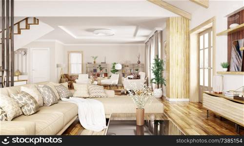 Modern interior design of house, hall, living room with sofa and armchairs 3d rendering