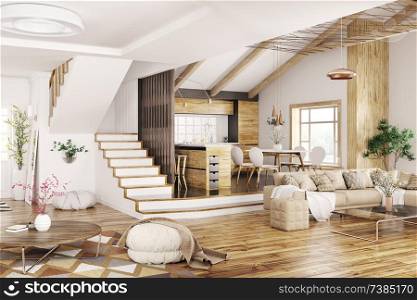 Modern interior design of house, kitchen, living room with sofa, hall, staircase 3d rendering