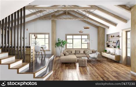 Modern interior design of house, kitchen, living room with sofa, staircase 3d rendering