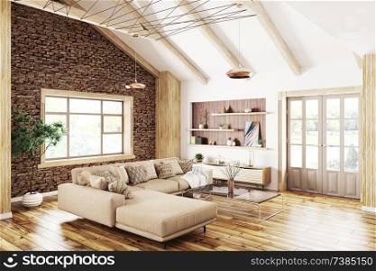 Modern interior design of house, living room with beige sofa 3d rendering