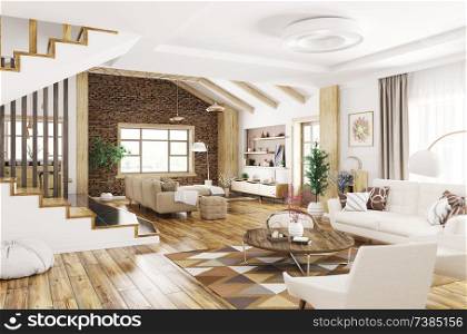 Modern interior design of house, living room with sofa and armchairs,staircase 3d rendering