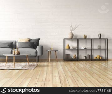 Modern interior design of living room. Gray sofa and wooden coffee tables over white stucco wall with copy space. Shelf with  decorative accessories. Home design. 3d rendering