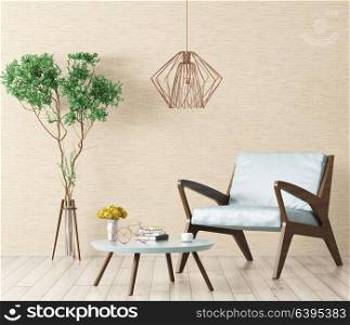 Modern interior design of living room with armchair, coffee table and plant 3d rendering
