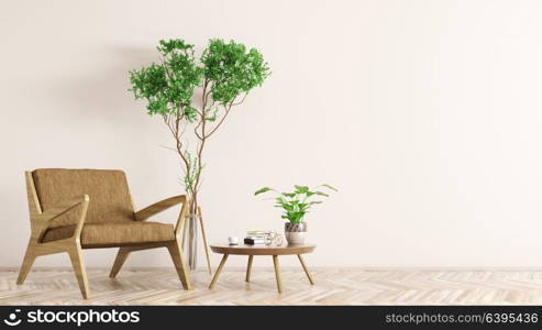 Modern interior design of living room with armchair, wooden coffee table, armchair and plant 3d rendering