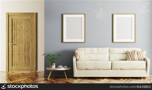 Modern interior design of living room with beige sofa and door 3d rendering