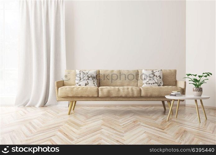 Modern interior design of living room with beige sofa, coffee table, scandinavian style, 3d rendering