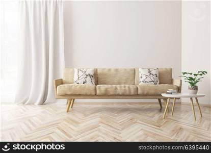 Modern interior design of living room with beige sofa, coffee table, scandinavian style, 3d rendering