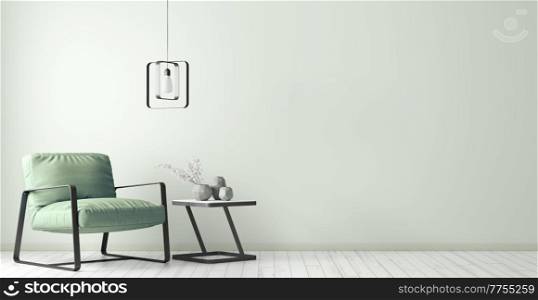 Modern interior design of living room with black white coffee table, metal lamp and green armchair 3d rendering