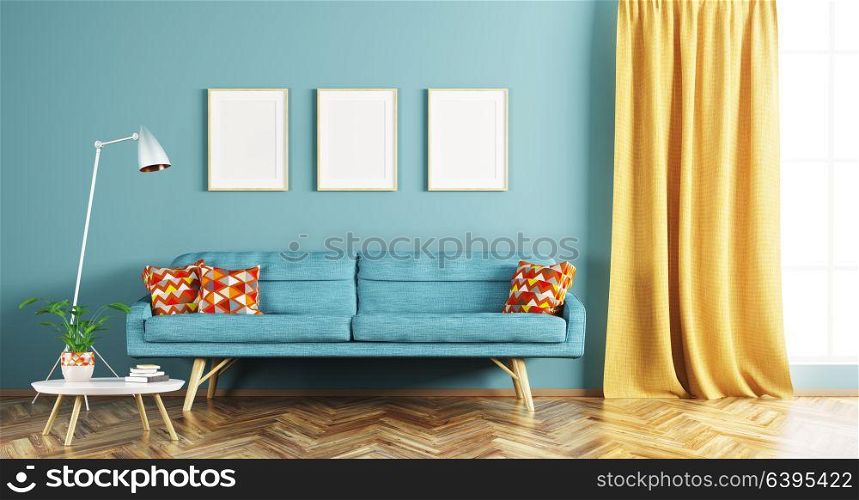 Modern interior design of living room with blue sofa, coffee table, frames and window 3d rendering