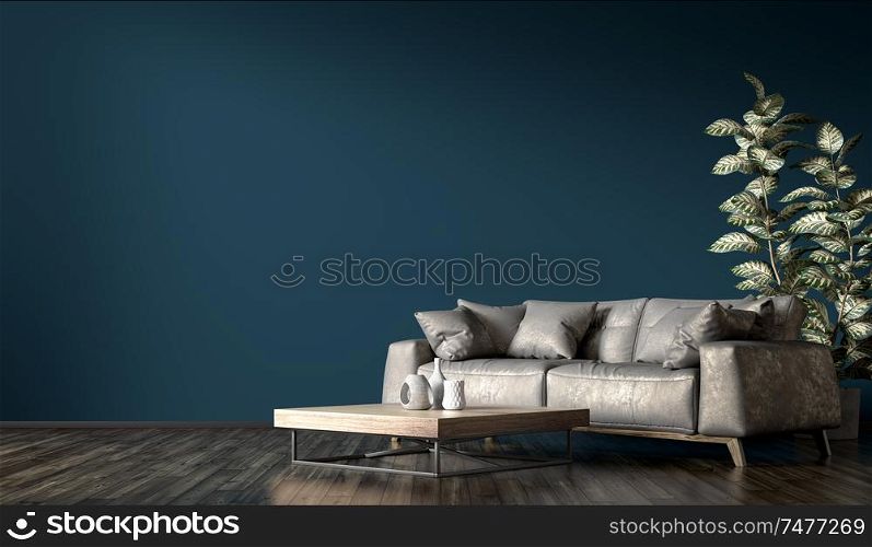 Modern interior design of living room with gray leather sofa against dark blue wall 3d rendering