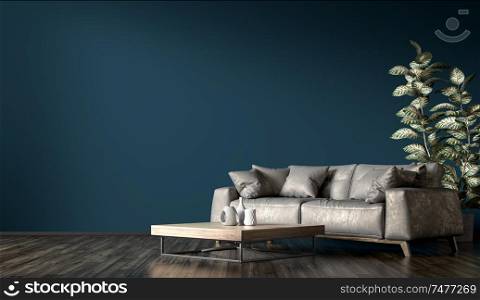 Modern interior design of living room with gray leather sofa against dark blue wall 3d rendering