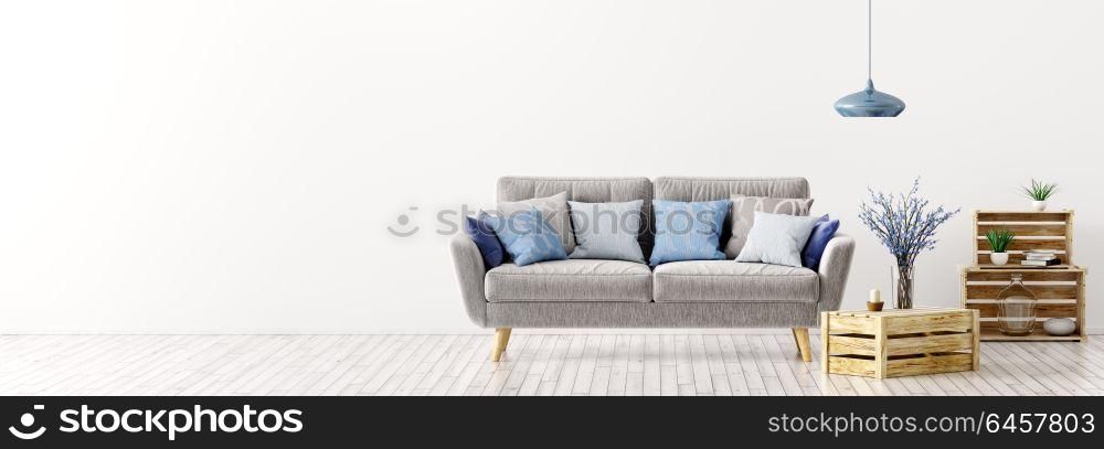 Modern interior design of living room with gray sofa and blue cushions over white wall panorama 3d rendering