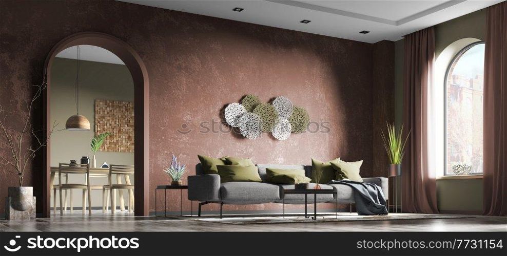 Modern interior design of living room with gray sofa, apartment with red concrete stucco wall and arch door, home design 3d rendering