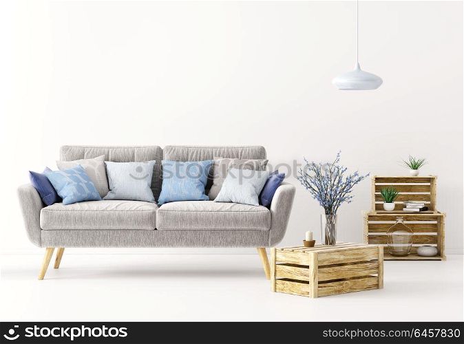 Modern interior design of living room with gray sofa over white wall 3d rendering