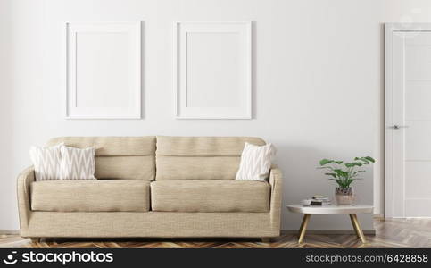 Modern interior design of living room with sofa and mock up frames 3d rendering