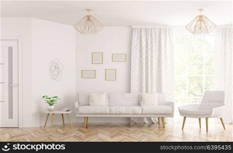 Modern interior design of living room with sofa,armchair, white door and window 3d rendering