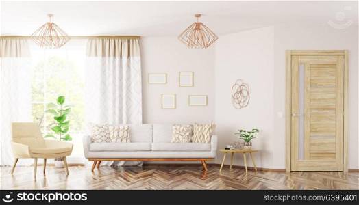 Modern interior design of living room with sofa,armchair, wooden door and window panorama 3d rendering
