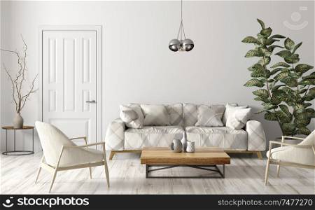 Modern interior design of living room with sofa, beige armchairs, wooden coffe table, door against white wall 3d rendering