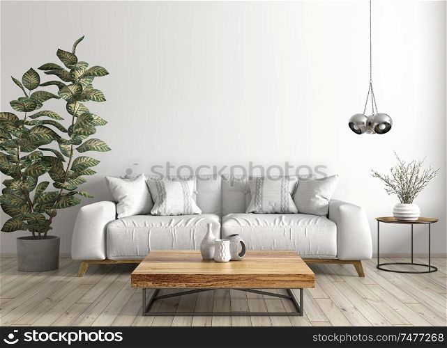 Modern interior design of living room with sofa, wooden coffee table, against white wall 3d rendering