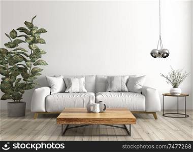 Modern interior design of living room with sofa, wooden coffee table, against white wall 3d rendering