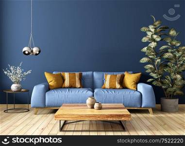 Modern interior design of living room with sofa, wooden coffee table, plant, against blue wall 3d rendering