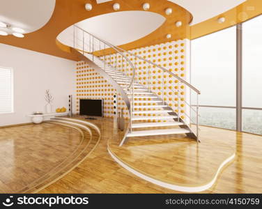 Modern interior design of living room with staircase 3d render