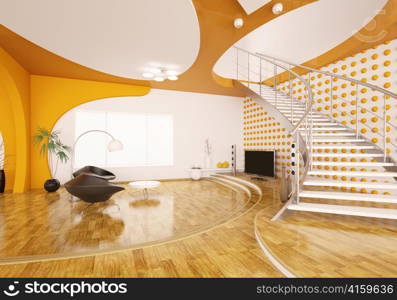 Modern interior design of living room with staircase 3d render