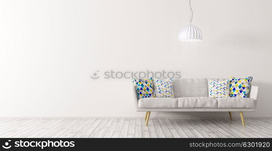 Modern interior design of living room with white sofa and ceiling lamp against of white wall on the wooden floor panorama 3d rendering